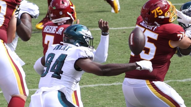 Josh Sweat notched a strip-sack fumble against Washington on Sunday.